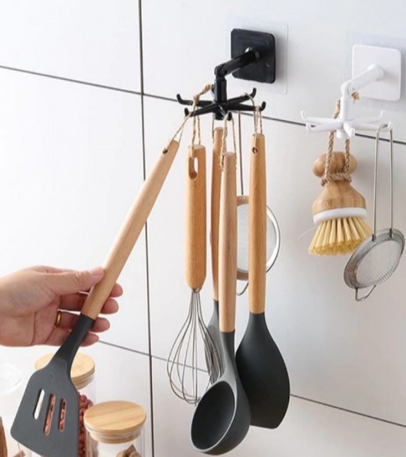 360 Degree Rotating Hook Wall Mounted With Six Hooks Kitchen and Bathroom Storage Holder Accessories