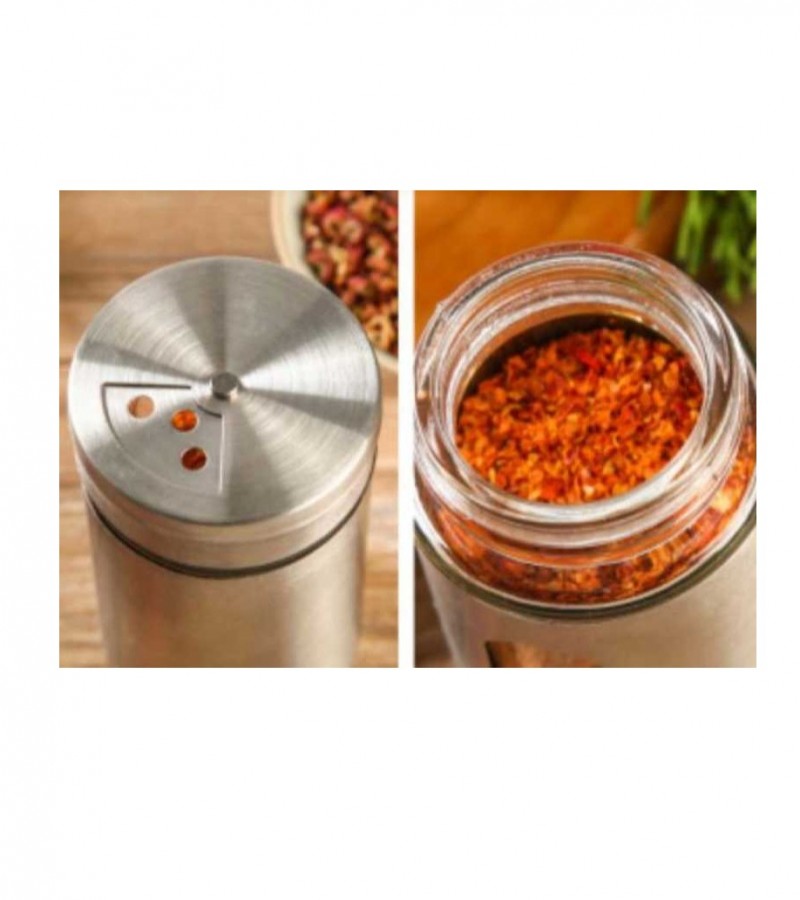 Cylinder Stainless Steel Kitchen Storage Glass Spice jar Set 12Pcs