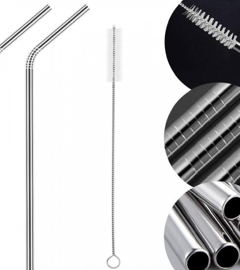 Pack of 2 - Stainless Steel Reusable Drinking Straws With Cleaning Brush
