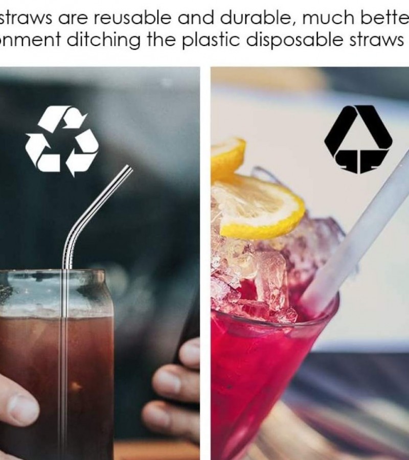 Pack of 2 - Stainless Steel Reusable Drinking Straws With Cleaning Brush