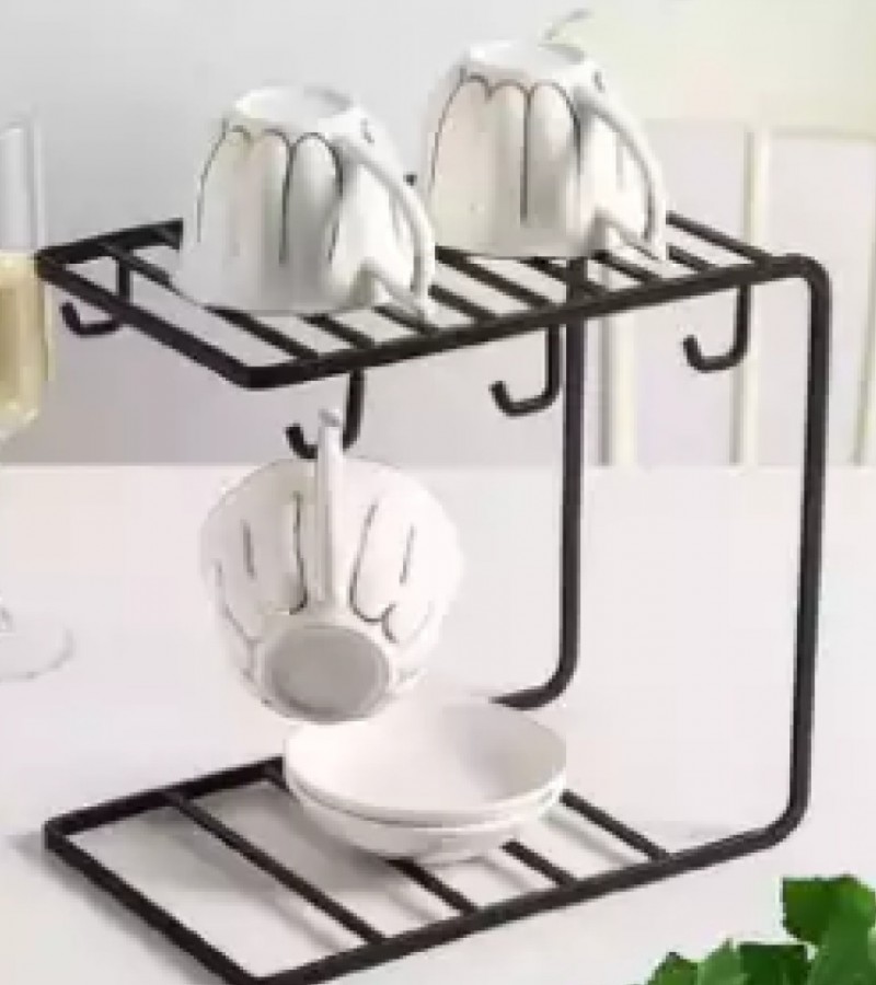 Tea Coffee cup Drain Rack 2 LAYER 6 Hook Kitchen Drinkware Storage Shelf Organizer